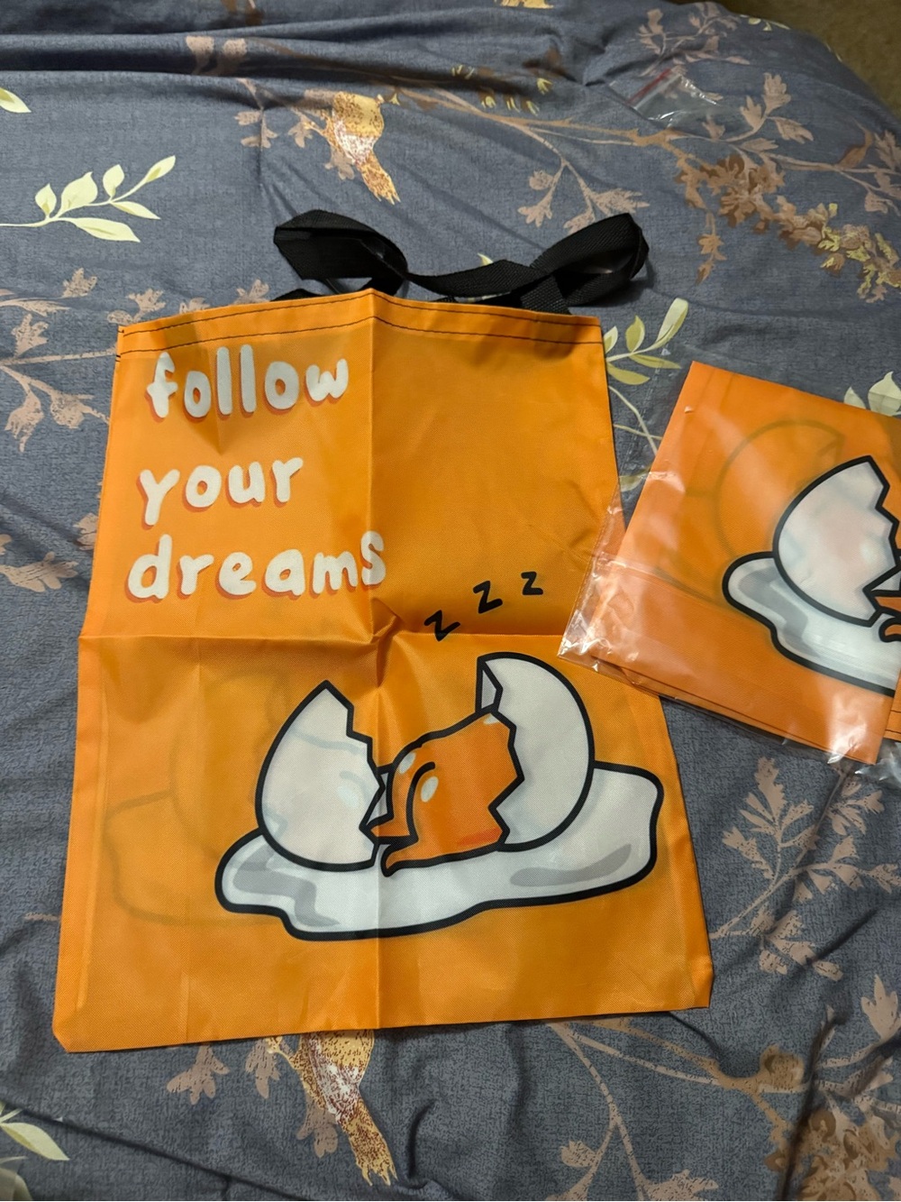Follow Your Dreams Orange Tote Bag with Egg Graphic